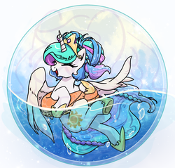 Size: 685x654 | Tagged: safe, artist:yukandasama, princess celestia, alicorn, pony, g4, alternate hairstyle, cute, cutelestia, eyes closed, female, happy, inner tube, mare, open mouth, solo, water