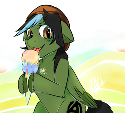 Size: 1111x1000 | Tagged: safe, artist:ligynkey, oc, oc only, oc:indie cred, pegasus, pony, female, food, hat, hoof hold, ice cream, ice cream cone, mare, simple background, smiling, solo, wings, ych result