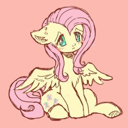 Size: 500x500 | Tagged: safe, artist:tsukuda, fluttershy, pegasus, pony, g4, blushing, female, floppy ears, looking away, looking sideways, mare, pink background, simple background, sitting, solo, spread wings, wings