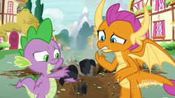 Size: 1920x1080 | Tagged: safe, screencap, smolder, spike, dragon, father knows beast, g4, burned, crater, cringing, discovery family logo, dragoness, duo, female, male, pillow, sad, smoke, unfortunate, winged spike, wings