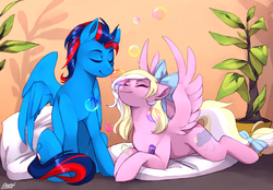 Size: 2300x1600 | Tagged: safe, artist:varllai, oc, oc only, oc:andrew swiftwing, oc:bay breeze, pegasus, pony, boop, bubble, couple, cute, duo, duo male and female, eyes closed, female, male, mare, nose wrinkle, noseboop, oc x oc, pillow, plant, shipping, smiling, stallion, straight, swiftbreeze, ych result