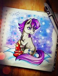 Size: 834x1080 | Tagged: safe, artist:das_leben, oc, oc only, oc:tender sugarcube, earth pony, pony, clothes, female, mare, snow, socks, solo, traditional art, winter