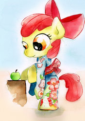 Size: 1600x2283 | Tagged: safe, artist:mashiromiku, apple bloom, earth pony, pony, g4, apple, bipedal, clothes, commission, commission info, female, filly, food, kimono (clothing), smiling, solo, traditional art, watercolor painting