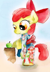 Size: 1600x2283 | Tagged: safe, artist:mashiromiku, apple bloom, earth pony, pony, g4, apple, bipedal, clothes, commission, commission info in description, female, filly, food, kimono (clothing), smiling, solo, traditional art, watercolor painting