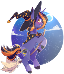 Size: 1687x1940 | Tagged: safe, artist:erinartista, oc, oc only, oc:hocus pocus, pony, unicorn, broom, female, flying, flying broomstick, hat, mare, moon, simple background, solo, transparent background, witch hat