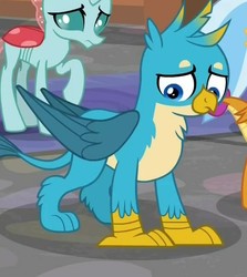 Size: 581x650 | Tagged: safe, screencap, gallus, ocellus, silverstream, smolder, changedling, changeling, griffon, g4, what lies beneath, claws, cropped, cute, gallabetes, male, offscreen character, paws, sad, wings