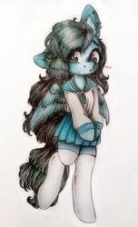 Size: 2438x4007 | Tagged: safe, artist:sunshine, oc, oc only, oc:liz, pegasus, pony, semi-anthro, arm hooves, clothes, cute, ear piercing, female, floppy ears, fluffy, hooves, japanese school uniform, long mane, looking at you, mare, piercing, pleated skirt, school uniform, simple background, skirt, socks, solo, standing, stockings, thigh highs, traditional art, two toned mane, wings, zettai ryouiki
