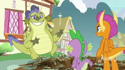 Size: 1920x1080 | Tagged: safe, screencap, sludge (g4), smolder, spike, dragon, father knows beast, g4, crater, dirt, discovery family logo, dragoness, female, finger gun, finger guns, male, ponyville, raised eyebrow, smiling, winged spike, wings