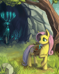 Size: 800x1000 | Tagged: safe, artist:lexx2dot0, fluttershy, oc, deer, pegasus, pony, g4, cave, female, grass, looking back, mare, saddle bag, smiling, tree