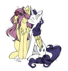Size: 1481x1547 | Tagged: safe, artist:schizoidtomii, fluttershy, rarity, pegasus, pony, unicorn, g4, blushing, cheek kiss, chest fluff, curls, curly hair, curly mane, curly tail, cute, ears, eyes closed, female, floppy ears, flower, flower in hair, fluffy, horn, hug, kissing, lesbian, mare, one ear down, outline, ship:flarity, shipping, simple background, sitting, transparent background, white outline, winghug, wings