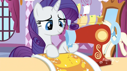 Size: 1920x1080 | Tagged: safe, screencap, rarity, pony, unicorn, father knows beast, g4, carousel boutique, discovery family logo, fabric, female, mare, mirror, ponyquin, pushpins, sewing machine, smiling, solo, thread