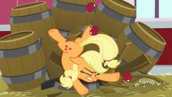 Size: 1920x1080 | Tagged: safe, screencap, applejack, earth pony, pony, father knows beast, g4, apple, barrel, face down ass up, female, food, gritted teeth, mare, solo