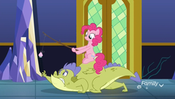 Size: 1920x1080 | Tagged: safe, screencap, pinkie pie, sludge (g4), dragon, earth pony, pony, father knows beast, g4, bait, carrot on a stick, crawling, cupcake, discovery family logo, duo, female, fishing rod, food, gritted teeth, male, mare, pinkie pie riding sludge, ponies riding dragons, reaching, rider, riding, sitting, twilight's castle
