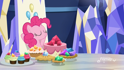 Size: 1920x1080 | Tagged: safe, screencap, pinkie pie, earth pony, pony, father knows beast, g4, arm behind head, cake, cupcake, discovery family logo, eyes closed, female, food, friendship throne, gem, leaning back, mare, muffin, pie, relaxing, smiling, solo, throne, throne room, twilight's castle