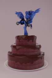 Size: 807x1192 | Tagged: safe, artist:v747, princess luna, alicorn, pony, g4, 3d, butt, cake, choker, clothes, collar, curved horn, female, food, horn, jacket, plot, solo, spiked collar