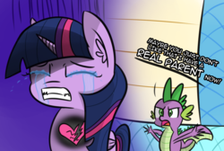 Size: 1285x866 | Tagged: safe, artist:artiks, spike, twilight sparkle, alicorn, dragon, pony, father knows beast, g4, crying, dialogue, heartbreak, oh no you didn't, sad, scene interpretation, this ended in tears, twilight sparkle (alicorn), winged spike, wings