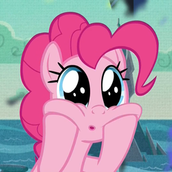 Size: 1079x1078 | Tagged: safe, screencap, pinkie pie, earth pony, pony, father knows beast, g4, :o, cheek squish, cropped, dilated pupils, female, mare, mount aris, open mouth, solo, squishy cheeks, wide eyes