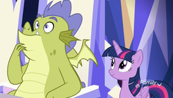 Size: 1920x1080 | Tagged: safe, screencap, sludge (g4), twilight sparkle, alicorn, dragon, pony, father knows beast, g4, female, friendship throne, hand on chin, male, mare, surprised, throne, twilight sparkle (alicorn), twilight's castle, wide eyes