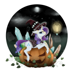 Size: 1280x1280 | Tagged: safe, artist:evlass, rarity, bat, bird, crow, ghost, pony, unicorn, g4, butt, cloak, clothes, crystal, dock, ear fluff, female, floppy ears, halloween, hat, holiday, horn, jack-o-lantern, lantern, looking at you, mare, moon, night, night sky, plot, pouting, pumpkin, rearity, simple background, sky, solo, transparent background, witch hat