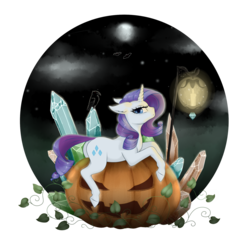 Size: 1280x1280 | Tagged: safe, alternate version, artist:evlass, rarity, bat, bird, crow, ghost, pony, unicorn, g4, beautiful, butt, candle, cloud, crystal, dark background, dock, ear fluff, eerie, female, floppy ears, full moon, halloween, holiday, horn, jack-o-lantern, lantern, leaf, looking at you, mare, moon, night, night sky, plot, pouting, pumpkin, rearity, simple background, sky, solo, transparent background