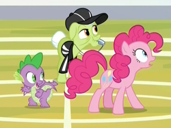Size: 657x492 | Tagged: safe, screencap, granny smith, pinkie pie, spike, dragon, earth pony, pony, father knows beast, g4, buckball court, clothes, cropped, crouching, female, hat, male, mare, referee, shirt, surprised, uniform, whistle, whistle necklace, winged spike, wings