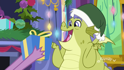 Size: 1920x1080 | Tagged: safe, screencap, sludge (g4), spike, dragon, father knows beast, g4, christmas, christmas decoration, christmas ornament, decoration, discovery family logo, excited, hat, hearth's warming, holiday, male, open mouth, present, santa hat, twilight's castle