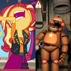 Size: 2560x2560 | Tagged: safe, sunset shimmer, equestria girls, equestria girls specials, g4, my little pony equestria girls: better together, my little pony equestria girls: rollercoaster of friendship, 3d, aaugh!, angry, comparison, crossover, five nights at freddy's, freddy fazbear's pizzeria simulator, geode of empathy, high res, magical geodes, nose in the air, nutshell, rage, rageset shimmer, rockstar freddy, source filmmaker, ultimate custom night