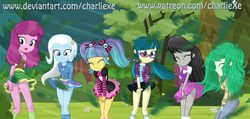 Size: 777x369 | Tagged: safe, artist:charliexe, cheerilee, juniper montage, octavia melody, pixel pizazz, trixie, wallflower blush, equestria girls, equestria girls (movie), equestria girls series, forgotten friendship, movie magic, rainbow rocks, spoiler:eqg specials, barrette, baubles, bowtie, breasts, clothes, covering, cutie mark on clothes, dress, embarrassed, eyes closed, female, forest, freckles, glasses, grass, group, hairclip, hoodie, leaf, legs, looking back, looking down, messy hair, miniskirt, open mouth, pants, patreon, pigtails, schrödinger's pantsu, sextet, shirt, show accurate, skirt, skirt lift, socks, standing, strategically covered, sweater, sweater vest, the windy six, thighs, tree, twintails, upskirt, upskirt denied, vest, wind