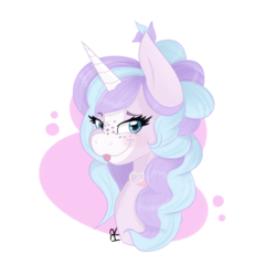 Size: 894x894 | Tagged: safe, artist:pitifulrocks, oc, oc only, pony, unicorn, abstract background, bust, choker, cute, female, fluffy, freckles, mare, pastel, portrait, pretty, simple background, solo, tongue out, transparent background