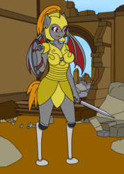 Size: 881x1234 | Tagged: safe, artist:linedraweer, oc, oc only, oc:dusk glider, bat pony, anthro, amputee, anthro oc, armor, bat wings, commission, fangs, fantasy class, female, helmet, prosthetic limb, prosthetics, royal guard, ruin, shield, solo, sword, warrior, weapon, wings