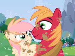 Size: 1060x792 | Tagged: safe, artist:xxsakuragalaxyxx, big macintosh, oc, oc:appleshy, earth pony, pegasus, pony, g4, base used, colored hooves, duo, father and daughter, female, filly, freckles, male, mud, muddy, offspring, parent:big macintosh, parent:fluttershy, parents:fluttermac, signature, stallion, unshorn fetlocks