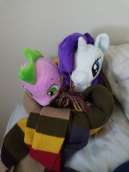 Size: 4032x3024 | Tagged: safe, rarity, spike, dragon, pony, unicorn, g4, bound together, clothes, duo, female, irl, male, photo, plushie, scarf, ship:sparity, shipping, straight