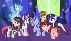 Size: 2464x1424 | Tagged: safe, artist:geekcoffee, artist:logic-puzzle665, oc, oc only, oc:amethyst, oc:bluish sky, oc:butterfly, oc:cookie rose, oc:juicy apple, oc:moonlight glow, oc:starry dawn, dracony, earth pony, hybrid, pegasus, pony, unicorn, base used, digital art, eyes closed, eyeshadow, female, freckles, geekyverse, group, interspecies offspring, magical lesbian spawn, makeup, mare, mascara, next generation, offspring, parent:applejack, parent:caramel, parent:cheese sandwich, parent:discord, parent:fluttershy, parent:pinkie pie, parent:rainbow dash, parent:rarity, parent:soarin', parent:spike, parent:starlight glimmer, parent:sunset shimmer, parent:trixie, parent:twilight sparkle, parents:carajack, parents:cheesepie, parents:discoshy, parents:soarindash, parents:sparity, parents:startrix, parents:sunsetsparkle, pink background, raised hoof, simple background, smiling, wall of tags
