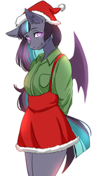 Size: 505x945 | Tagged: safe, artist:kirani, oc, oc only, bat pony, anthro, anthro oc, bat pony oc, christmas, clothes, cute, dress, female, hat, holiday, looking at you, santa hat, shirt, simple background, skirt, smiling, solo, suspenders, thighs, white background, ych result