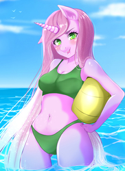 Size: 1259x1732 | Tagged: safe, artist:kirani, oc, oc only, unicorn, anthro, anthro oc, ball, beach, belly button, bikini, blushing, clothes, cloud, female, green swimsuit, sky, solo, swimsuit, water, ych result