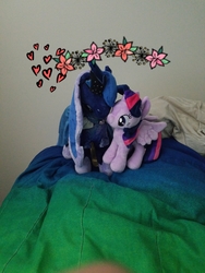 Size: 3024x4032 | Tagged: safe, princess luna, twilight sparkle, alicorn, pony, g4, female, flower, hug, irl, lesbian, photo, plushie, ship:twiluna, shipping, twilight sparkle (alicorn), winghug, wings