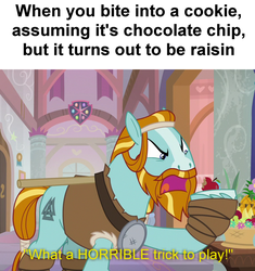 Size: 908x968 | Tagged: safe, edit, edited screencap, screencap, rockhoof, earth pony, pony, a rockhoof and a hard place, g4, angry, apple, cookie, cropped, food, male, meme, meta, rockhoof's shovel, solo, trick