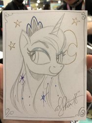 Size: 1536x2048 | Tagged: safe, artist:andypriceart, princess luna, alicorn, pony, g4, bust, crown, eyelashes, eyeshadow, female, irl, jewelry, makeup, mare, partial color, photo, portrait, regalia, signature, simple background, solo, traditional art, white background