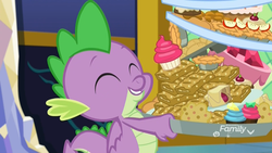 Size: 1920x1080 | Tagged: safe, screencap, spike, dragon, father knows beast, g4, apple slice, baked goods, cake, carrying, cupcake, discovery family logo, eyes closed, food, gem, happy, male, muffin, pie, smiling, strudel, winged spike, wings