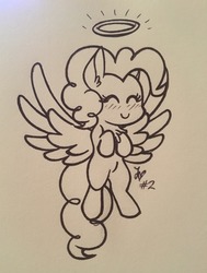 Size: 970x1280 | Tagged: safe, artist:dippin-dott, pinkie pie, angel, pony, g4, blushing, chest fluff, ear fluff, eyes closed, female, halo, happy, mare, monochrome, smiling, solo, traditional art, wings