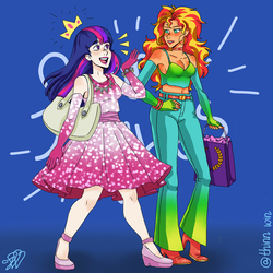 Size: 1080x1080 | Tagged: safe, artist:thinnwin, sunset shimmer, twilight sparkle, human, equestria girls, g4, alternate clothes, bag, bracelet, choker, clothes, dress, female, human coloration, humanized, instagram, jewelry, lesbian, looking at each other, ship:sunsetsparkle, shipping, shopping, tank top