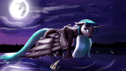 Size: 3840x2160 | Tagged: safe, artist:sintakhra, princess celestia, alicorn, pony, g4, crown, crying, female, high res, jewelry, mare, mare in the moon, moon, night, regalia, ripple, sad, solo, unshorn fetlocks, water, wings