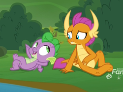 Size: 1041x780 | Tagged: safe, screencap, smolder, spike, dragon, father knows beast, g4, bush, concerned, conversation, cropped, crossed legs, discovery family logo, dragoness, duo, eye contact, female, frown, looking at each other, male, messy hair, messy mane, on back, pond, sitting, winged spike, wings