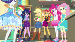 Size: 1920x1080 | Tagged: safe, screencap, applejack, fluttershy, pinkie pie, rainbow dash, rarity, sci-twi, sunset shimmer, twilight sparkle, equestria girls, equestria girls series, g4, rollercoaster of friendship, carousel dress, clothes, converse, female, humane five, humane seven, humane six, rah rah skirt, shoes, skirt, sneakers