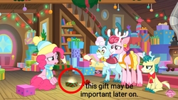 Size: 1280x720 | Tagged: safe, edit, edited screencap, screencap, alice the reindeer, aurora the reindeer, bori the reindeer, pinkie pie, best gift ever, g4, circle, clothes, hat, speculation, text, text edit, theory, winter outfit