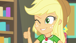 Size: 1920x1080 | Tagged: safe, screencap, applejack, equestria girls, equestria girls specials, g4, my little pony equestria girls: better together, my little pony equestria girls: rollercoaster of friendship, clothes, collar, cowboy hat, female, freckles, hat, one eye closed, ponytail, shirt, smiling, solo, t-shirt, teenager, thumbs up, wink