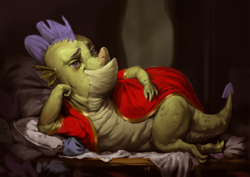 Size: 1200x850 | Tagged: safe, artist:assasinmonkey, sludge (g4), dragon, father knows beast, g4, clothes, couch, digital art, digital painting, draw me like one of your french girls, lying, lying down, male, robe, solo