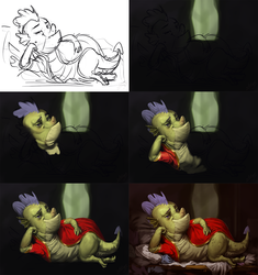 Size: 1920x2040 | Tagged: safe, artist:assasinmonkey, sludge (g4), dragon, father knows beast, g4, art progress, clothes, digital painting, draw me like one of your french girls, lying down, robe, sketch, wip
