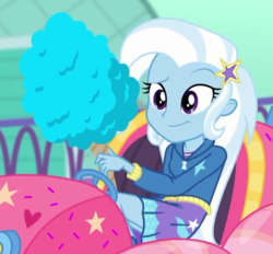 Size: 489x454 | Tagged: safe, screencap, trixie, equestria girls, equestria girls series, g4, rollercoaster of friendship, clothes, cotton candy, cropped, cute, diatrixes, female, hoodie, roller coaster, solo