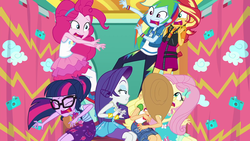 Size: 1920x1080 | Tagged: safe, screencap, applejack, fluttershy, pinkie pie, rainbow dash, rarity, sci-twi, sunset shimmer, twilight sparkle, equestria girls, equestria girls specials, g4, my little pony equestria girls: better together, my little pony equestria girls: rollercoaster of friendship, faic, falling, female, geode of empathy, geode of fauna, geode of shielding, geode of sugar bombs, geode of super speed, geode of super strength, geode of telekinesis, humane five, humane seven, humane six, magical geodes, photo booth (song), rarity peplum dress